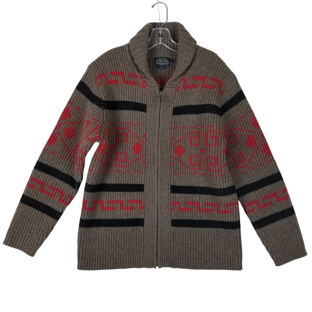 Pendleton Full Zip Aztec Cardigan Mens S Brown Red Lambswool Shawl Collar Ribbed